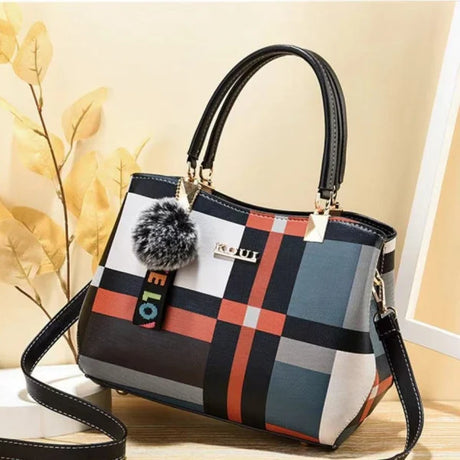 Stylish Black Plaid Handbag Large Capacity Zipper Closure Lattice Pattern Casual Style Nylon Exterior Double Handle - Shop N Save