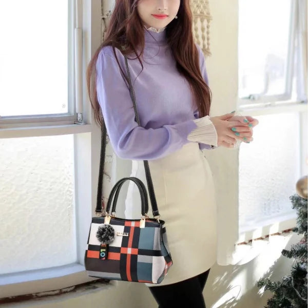 Stylish Black Plaid Handbag Large Capacity Zipper Closure Lattice Pattern Casual Style Nylon Exterior Double Handle - Shop N Save