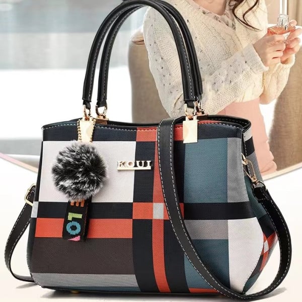 Stylish Black Plaid Handbag Large Capacity Zipper Closure Lattice Pattern Casual Style Nylon Exterior Double Handle - Shop N Save