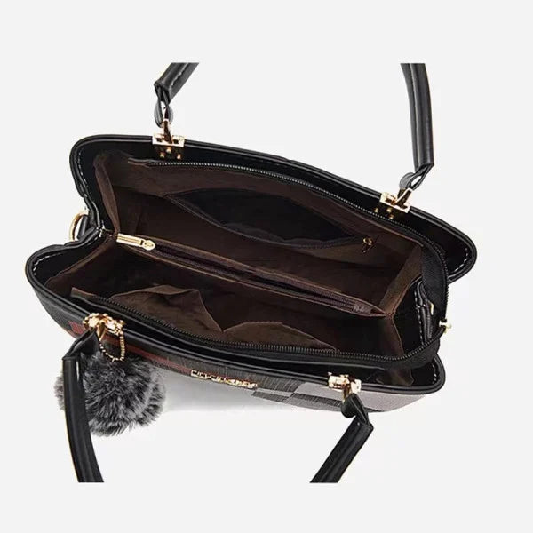 Stylish Black Plaid Handbag Large Capacity Zipper Closure Lattice Pattern Casual Style Nylon Exterior Double Handle - Shop N Save