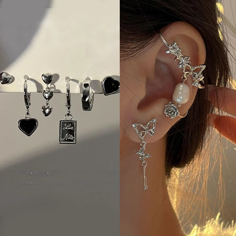Punk Silver Tassel Chain &amp; Cherry Hoop Earrings: Edgy Geometric Design for Women - Shop N Save