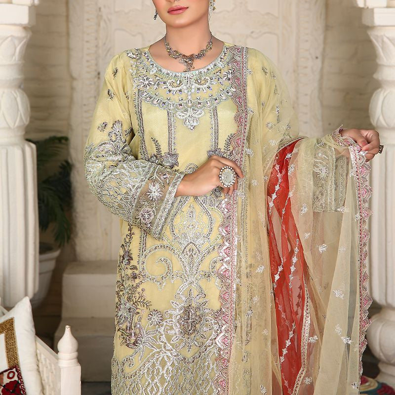 3 Piece Fancy Embroidery Dress - Stylish Light Weight Chiffon Organza Fabric Suit Indian Pakistani Fancy Embroidered Dress For Events Party Outdoor Dress - Green - Shop N Save