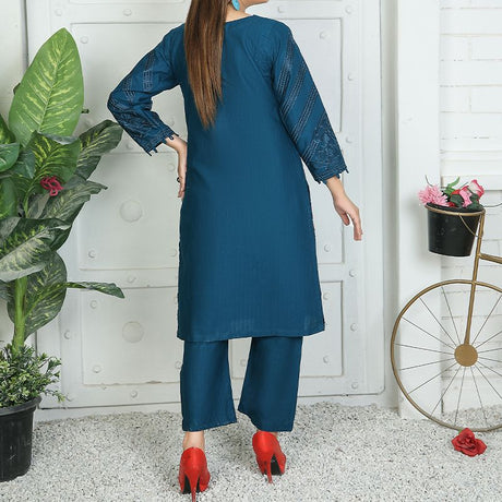 2 Piece Kurti Salwar Embroidery Set - Pure Cotton Collection Stylish Solid Color Light Weight Cotton Fabric Suit Top Bottom Salwar Kameez Indian Pakistani Embroidered Suit For Event Party Outdoor Dress - Dark Blue - Shop N Save