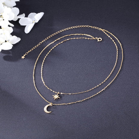 Sterling Golden Star Moon Choker: Layered Necklace for Women &amp; Teens - Shop N Save