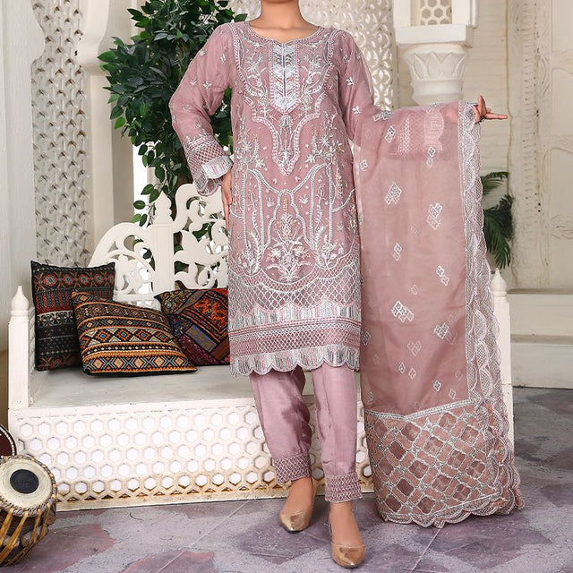3 Piece Fancy Embroidery Dress - Stylish Light Weight Chiffon Organza Fabric Suit Indian Pakistani Fancy Embroidered Dress For Events Party Outdoor Dress - Dark Pink - Shop N Save