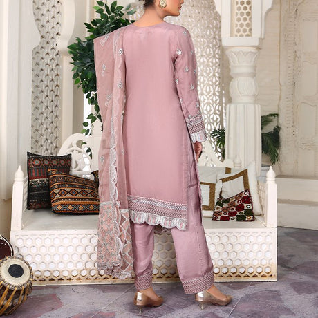 3 Piece Fancy Embroidery Dress - Stylish Light Weight Chiffon Organza Fabric Suit Indian Pakistani Fancy Embroidered Dress For Events Party Outdoor Dress - Dark Pink - Shop N Save