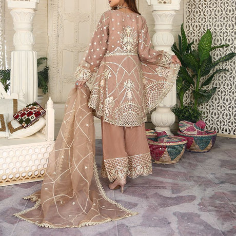 3 Piece Fancy Embroidery Dress - Stylish Light Weight Chiffon Organza Fabric Suit Indian Pakistani Fancy Embroidered Dress For Events Party Outdoor Dress - Dark Pink - Shop N Save