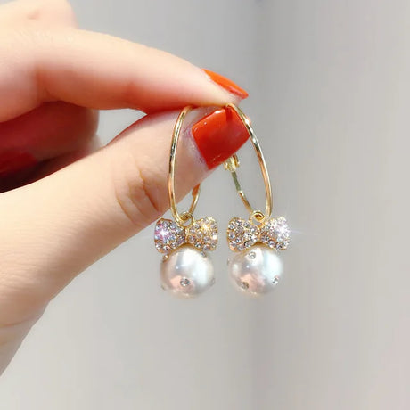 Pearl Dangle Earring: Zircon Bowknot, Wedding Luxury Statement - Shop N Save