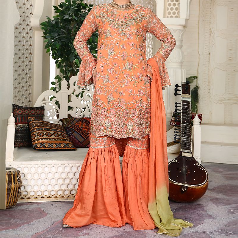 3 Piece Fancy Embroidery Dress - Stylish Light Weight Chiffon Organza Fabric Suit Indian Pakistani Fancy Embroidered Dress For Events Party Outdoor Dress - Orange - Shop N Save