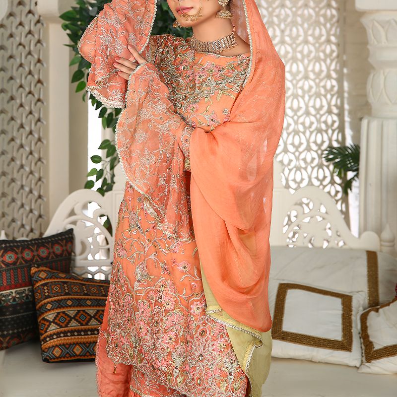 3 Piece Fancy Embroidery Dress - Stylish Light Weight Chiffon Organza Fabric Suit Indian Pakistani Fancy Embroidered Dress For Events Party Outdoor Dress - Orange - Shop N Save