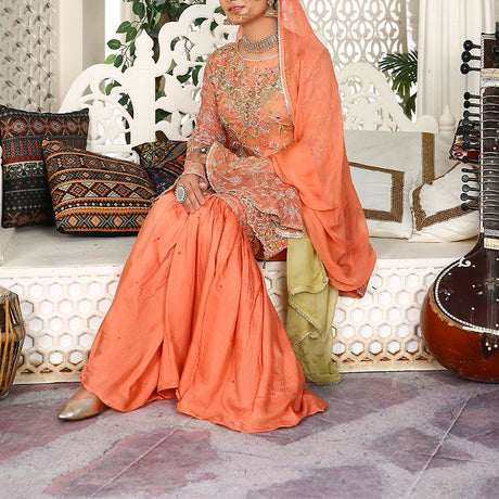 3 Piece Fancy Embroidery Dress - Stylish Light Weight Chiffon Organza Fabric Suit Indian Pakistani Fancy Embroidered Dress For Events Party Outdoor Dress - Orange - Shop N Save