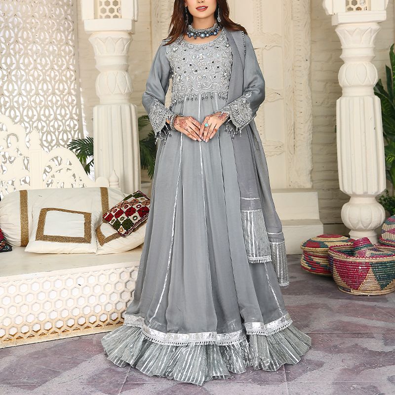 3 Piece Fancy Embroidery Dress - Stylish Light Weight Chiffon Fabric Suit Indian Pakistani Fancy Embroidered Dress For Events Party Outdoor Dress - Gray - Shop N Save