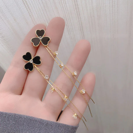 Three Heart Tassel Gold Plated Ear Tops- Black - Shop N Save