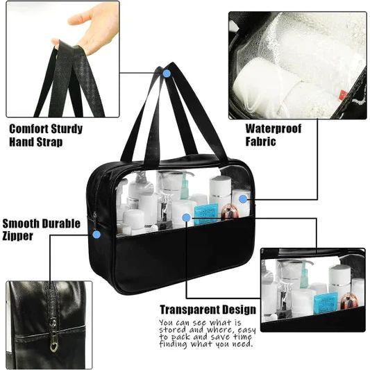 Black Leather Travel Bag: Stylish Organizer for Cosmetics, Accessories, Toiletries - Shop N Save