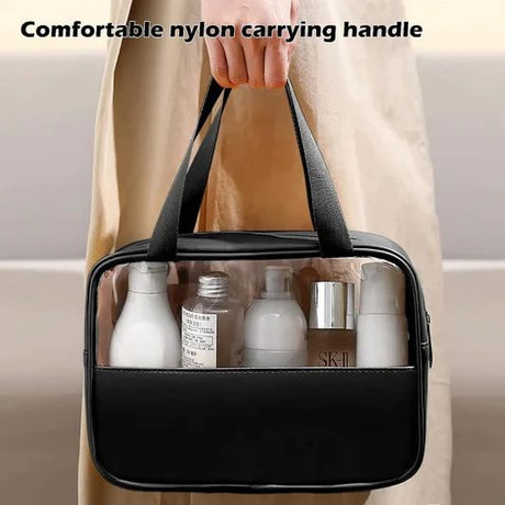 Black Leather Travel Bag: Stylish Organizer for Cosmetics, Accessories, Toiletries - Shop N Save