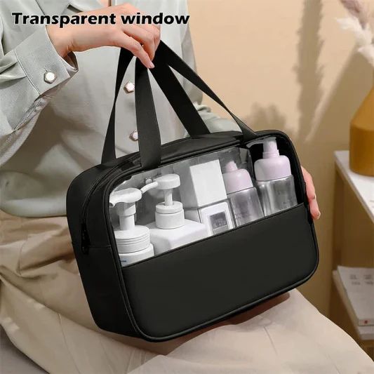 Black Leather Travel Bag: Stylish Organizer for Cosmetics, Accessories, Toiletries - Shop N Save
