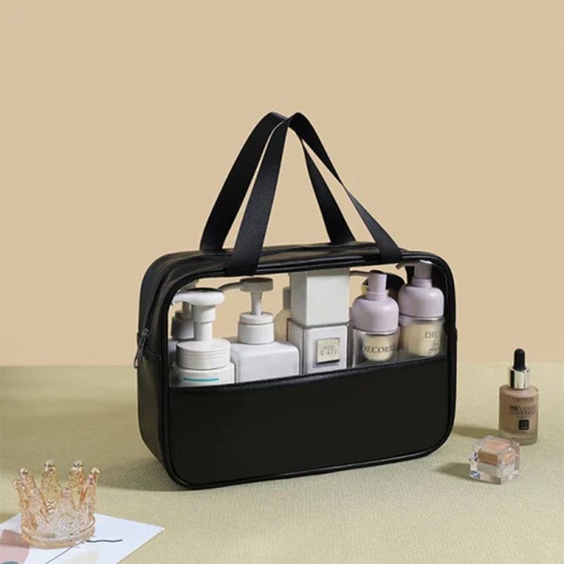 Black Leather Travel Bag: Stylish Organizer for Cosmetics, Accessories, Toiletries - Shop N Save