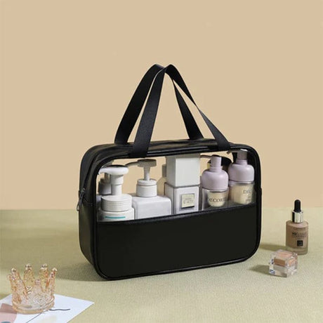 Black Leather Travel Bag: Stylish Organizer for Cosmetics, Accessories, Toiletries - Shop N Save