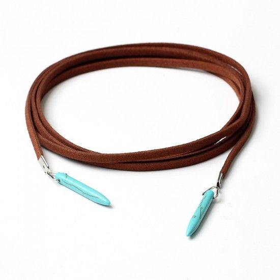 Long Blue Pendant Choker Necklace Brown Lace