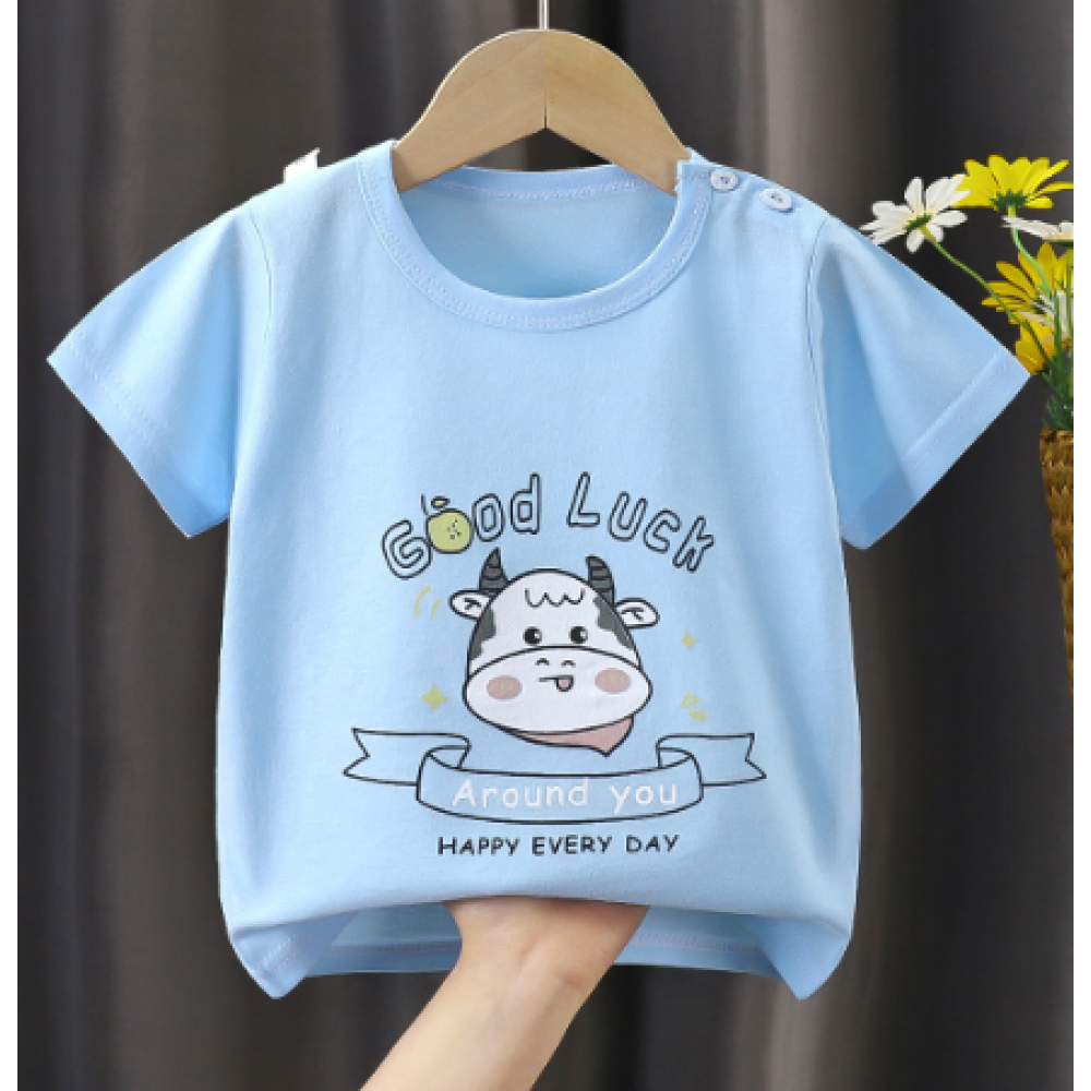 New Born Loose Printed Short Sleeves Boys And Girls O-neck T-shirt Casual kids Clothes Blue - Shop N Save