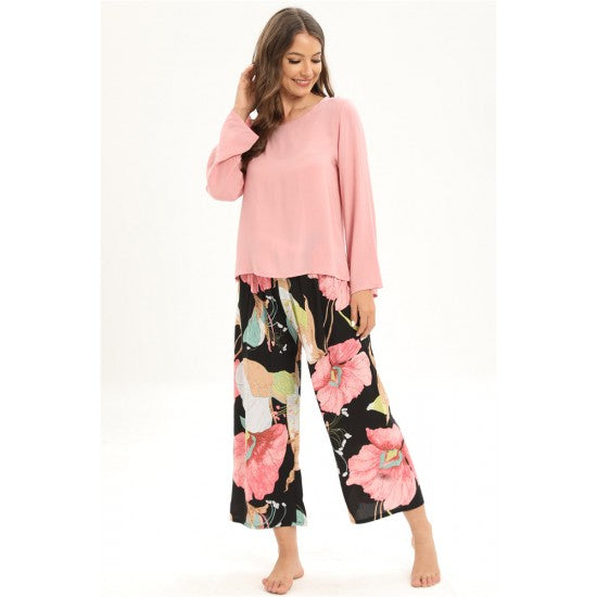 2Pcs Floral Printed Pajama Set - Solid Color Round Neck Long Sleeves Printed Trouser Sleepwear for Women Nightwear - Barbie Pink