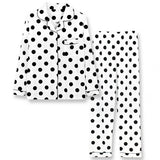 2Pcs Polka Printed Pajama Set - Solid Color Round Collar Neck Long Sleeves With Trouser Sleepwear For Women Nightwear - White Black