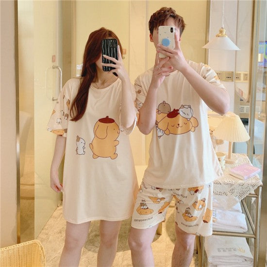 3Pcs Couple Pajama Set Cartoon Print- Round Neck Solid Skin Color Half Sleeves Short Trouser Sleepwear for Men And Women Nightwear
