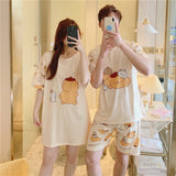 3Pcs Couple Pajama Set Cartoon Print- Round Neck Solid Skin Color Half Sleeves Short Trouser Sleepwear for Men And Women Nightwear