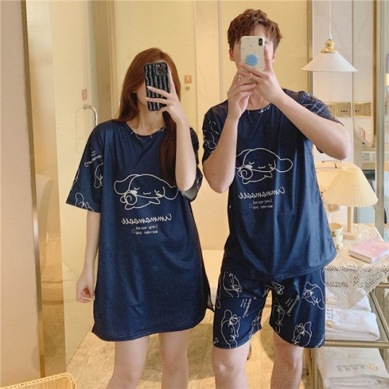 3Pcs Couple Cartoon Printed Pajama Set - Solid Dark Blue Color Round Neck Half Sleeves Short Trouser Sleepwear for Men And Women Nightwear - Dark Blue