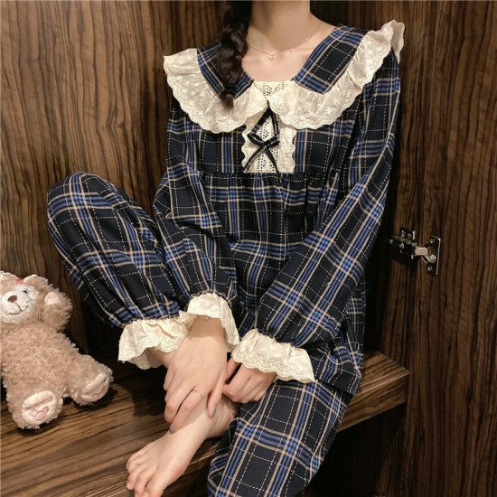 2Pcs Traditional Pajama Set - Solid Color Lace Patch Round Neck Long Sleeves Lace Patch Trouser Sleepwear for Women Nightwear - Black White