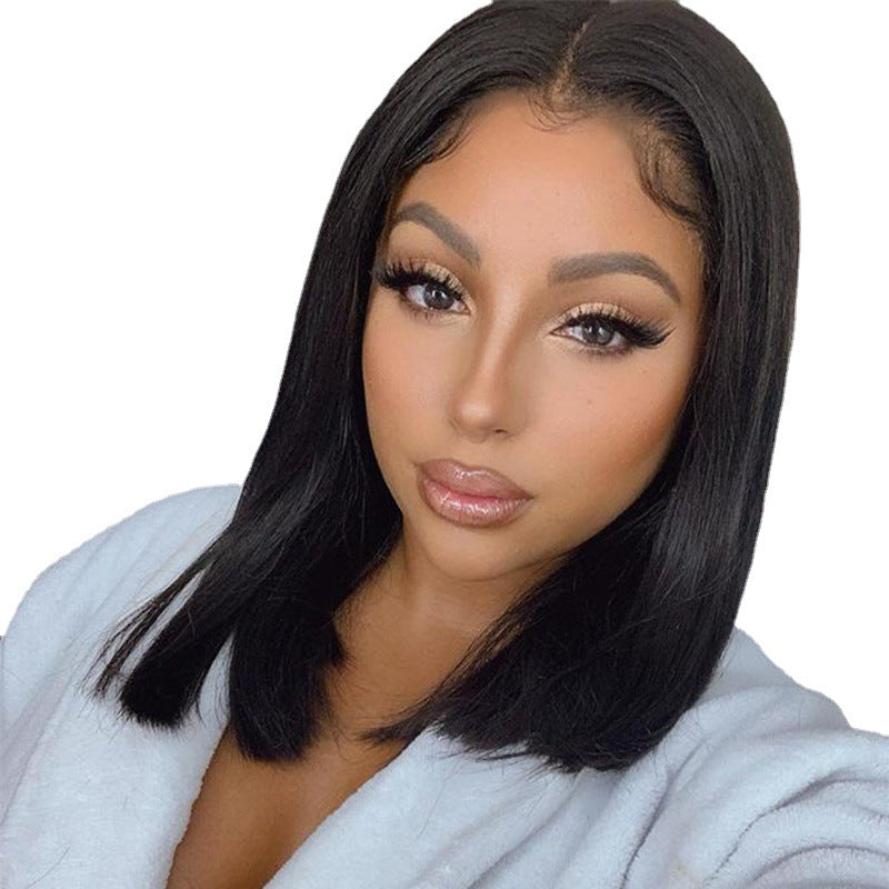 women's short straight matte silk wig slightly curly chemical fiber rose mesh full headgear