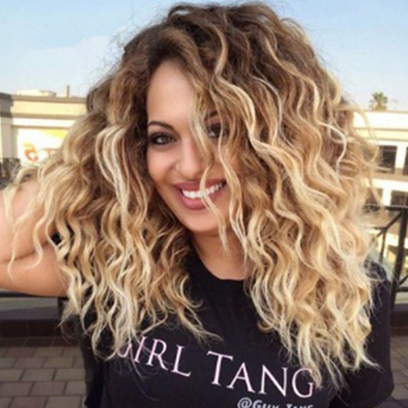 Wig for women with gradient color, medium and long, small curly hair, chemical fiber headgear, European and American short curly hair