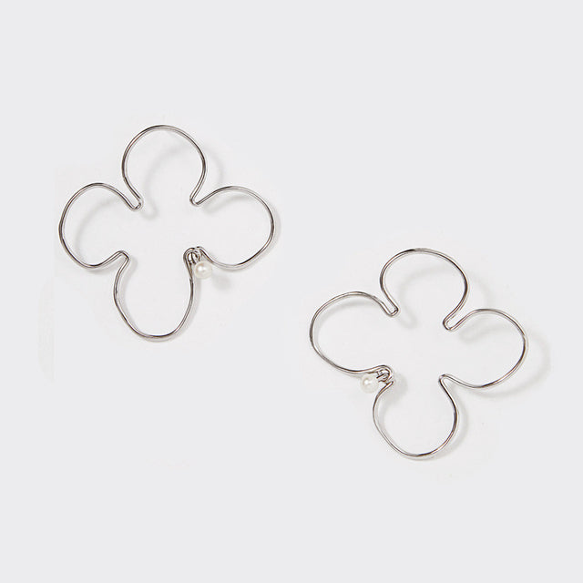 Yuan Bingyan Style Earrings - Hollow Flower, Pearl Inlay, Silver - Shop N Save