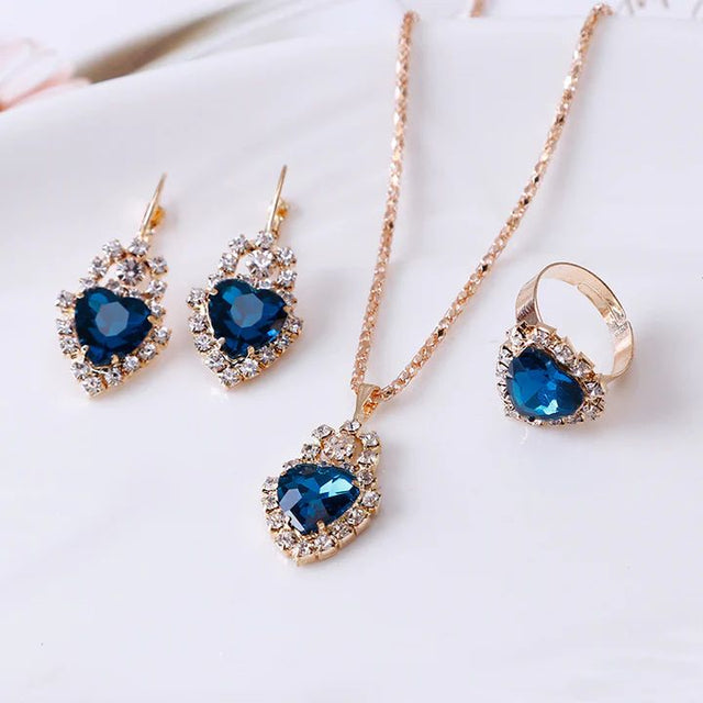 Sea Green Heart Crystal Trio: Necklace, Earrings &amp; Ring Set for Elegance - Shop N Save