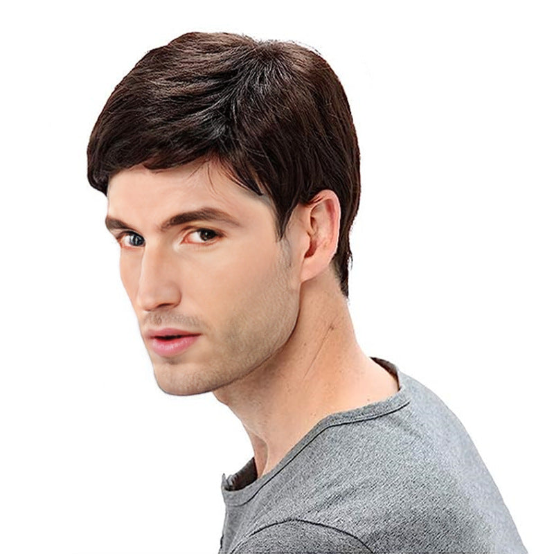 Men's Fashion Wig: Oblique Bangs, Short Straight Hair, European &amp; American Style, Chemical Fiber Headgear