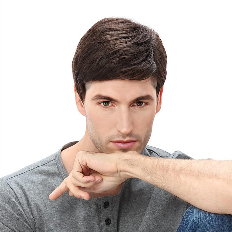 Men's Fashion Wig: Oblique Bangs, Short Straight Hair, European &amp; American Style, Chemical Fiber Headgear