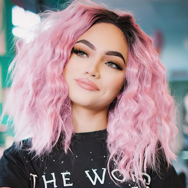 Wig for women with gradient color, medium and long, small curly hair, chemical fiber headgear, European and American short curly hair