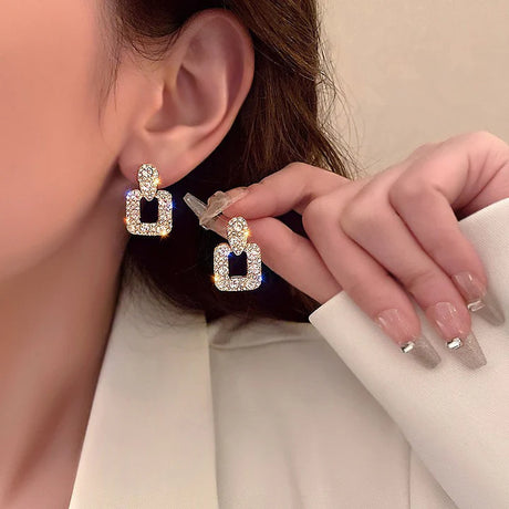Square Crystal Women Casual Ear Tops - Golden - Shop N Save