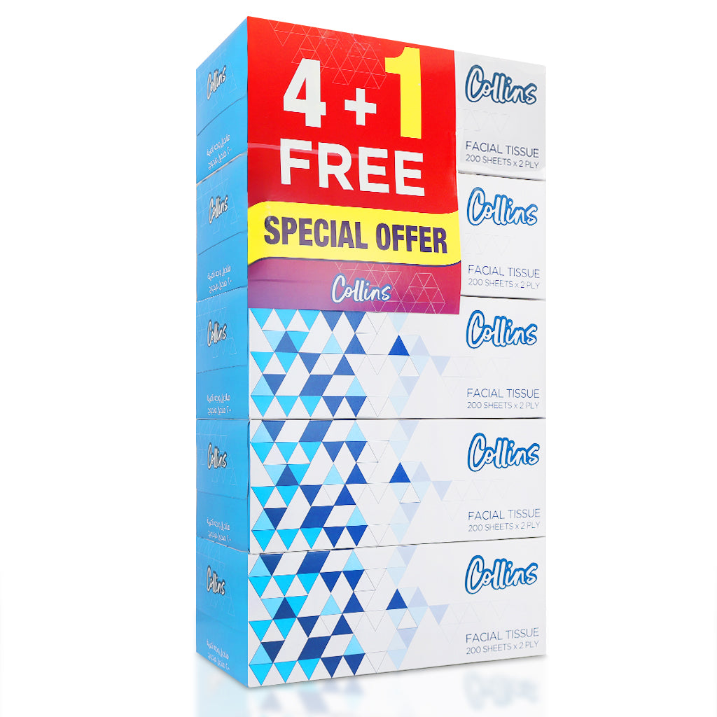 COLLINS Facial Tissue Box 200 Sheets, 2 ply [4 + 1] Pack
