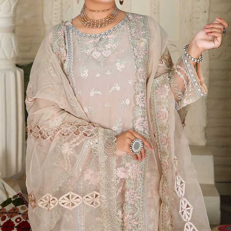 3 Piece Fancy Embroidery Dress - Stylish Light Weight Chiffon Organza Fabric Suit Indian Pakistani Fancy Embroidered Dress For Events Party Outdoor Dress - Gray - Shop N Save