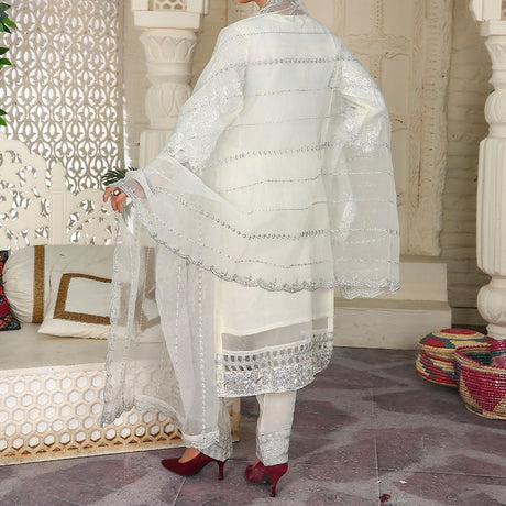 3 Piece Fancy Embroidery Dress - Stylish Light Weight Chiffon Organza Fabric Suit Indian Pakistani Fancy Embroidered Dress For Events Party Outdoor Dress - Offwhite - Shop N Save