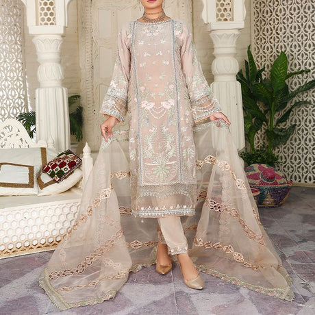 3 Piece Fancy Embroidery Dress - Stylish Light Weight Chiffon Organza Fabric Suit Indian Pakistani Fancy Embroidered Dress For Events Party Outdoor Dress - Gray - Shop N Save