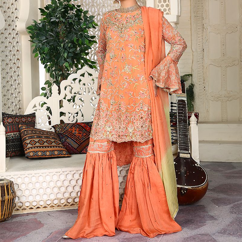 3 Piece Fancy Embroidery Dress - Stylish Light Weight Chiffon Organza Fabric Suit Indian Pakistani Fancy Embroidered Dress For Events Party Outdoor Dress - Orange - Shop N Save
