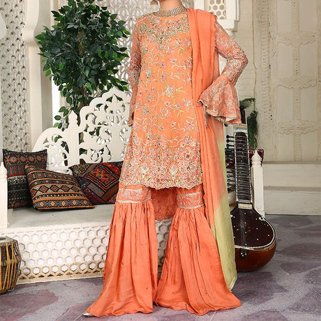 3 Piece Fancy Embroidery Dress - Stylish Light Weight Chiffon Organza Fabric Suit Indian Pakistani Fancy Embroidered Dress For Events Party Outdoor Dress - Orange - Shop N Save