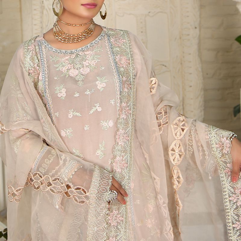 3 Piece Fancy Embroidery Dress - Stylish Light Weight Chiffon Organza Fabric Suit Indian Pakistani Fancy Embroidered Dress For Events Party Outdoor Dress - Gray - Shop N Save