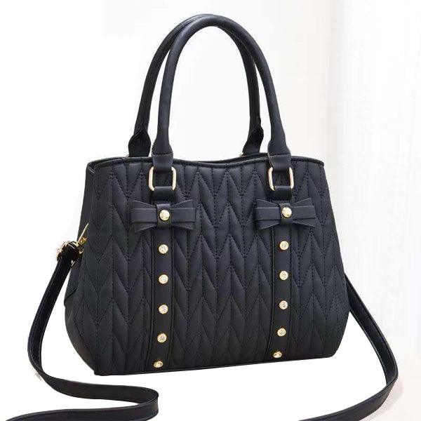 Geometric Embossed Large Fashion Bow Handbag - Black - Shop N Save