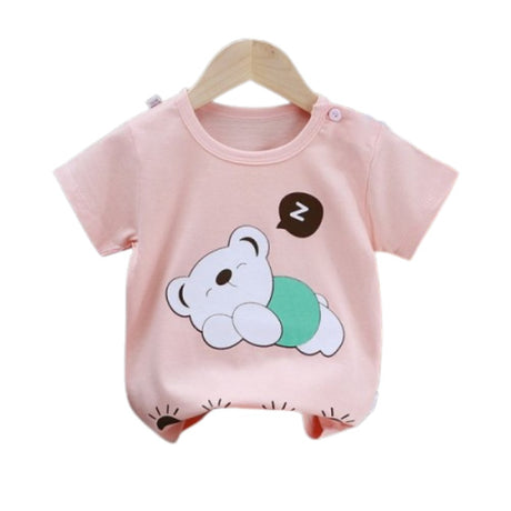3-6 Months Infant Baby Boy T-Shirt - Newborn Baby Girls Cartoon Print Short Sleeves Round Neck T-Shirt For Kids - Peach - Shop N Save
