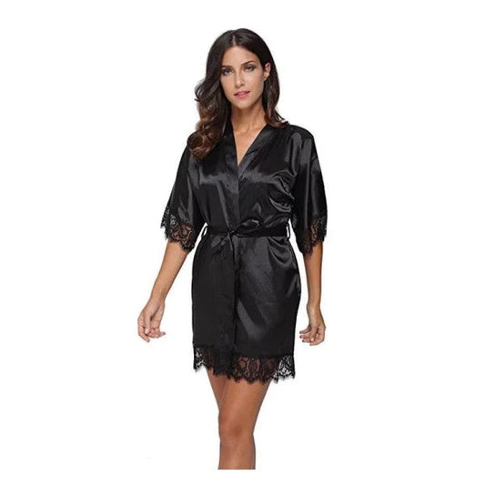 Woman Sleepwear Satin Robe Lace Dress - Black - Shop N Save