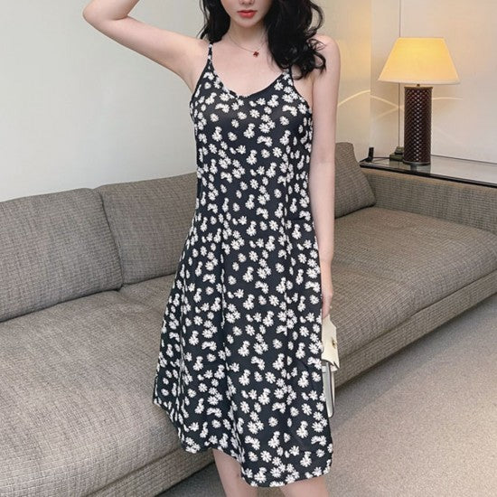 Women Floral Dress - Sling Short Backless Dress Fashion Casual Dress For Party Events Outdoor Beach - Black