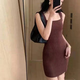 Women Sleeveless Cocktail Dress - New Style Women Dress Sleeveless Cocktail Dress For Beach Evening Party Square Neck Solid Color Mini Dress - Brown